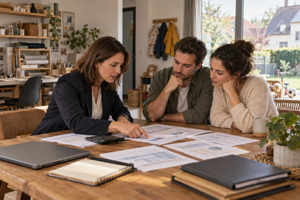 Une courtière pointe une ligne d’un relevé posé à côté d’une calculette, face à un couple attentif autour de la table
